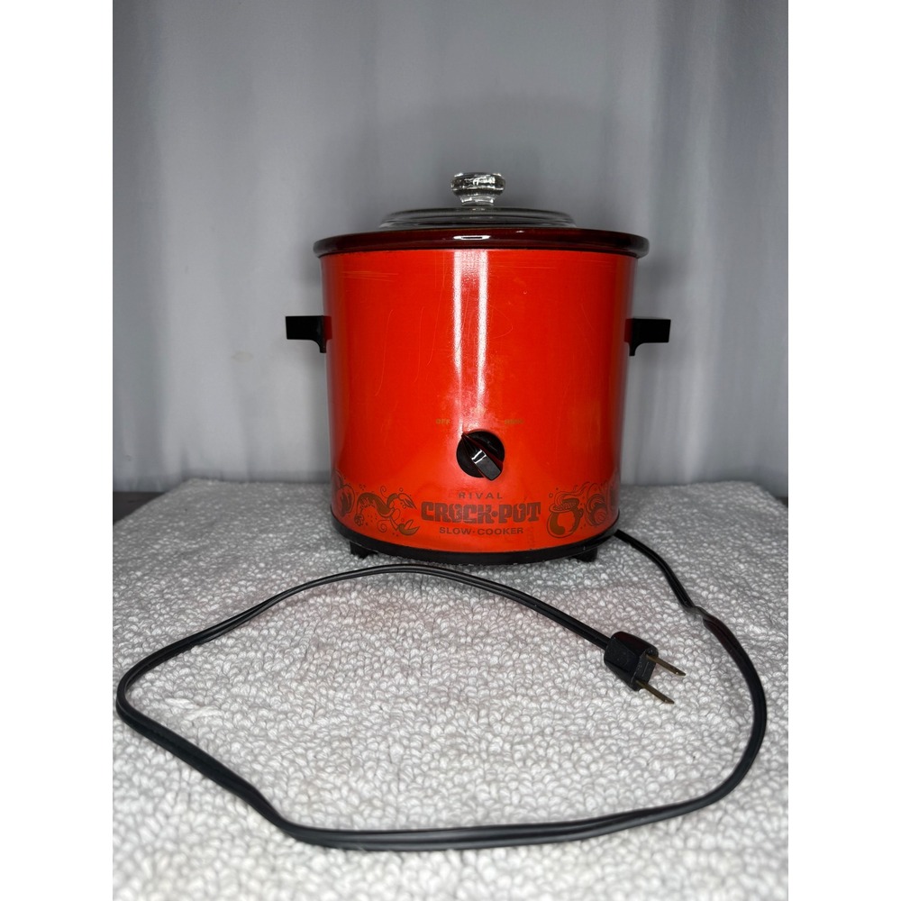 Vintage Rival Crock-Pot Slow Cooker Orange Retro 70s Graphic Model 3100 3.5 Qt